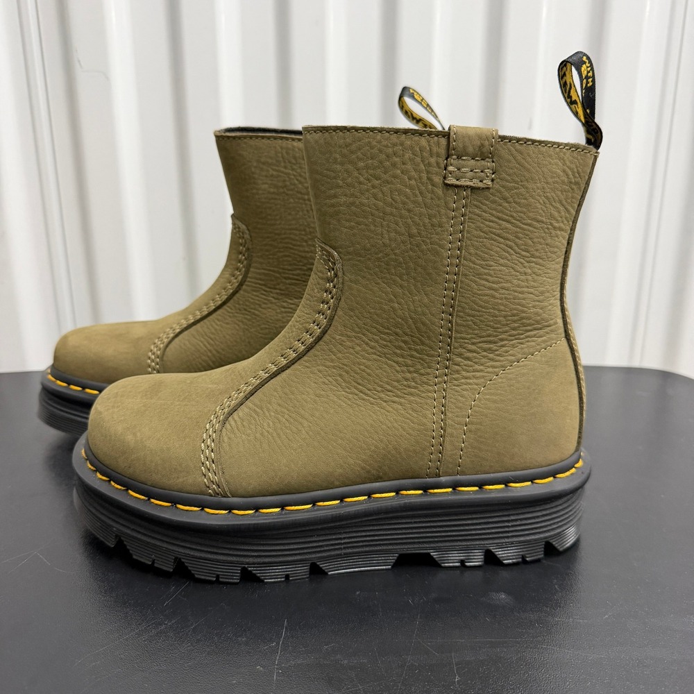 Dr. Martens Boots Womens 6 Zebzag Rigger Olive Milled Nubuck WP EUC